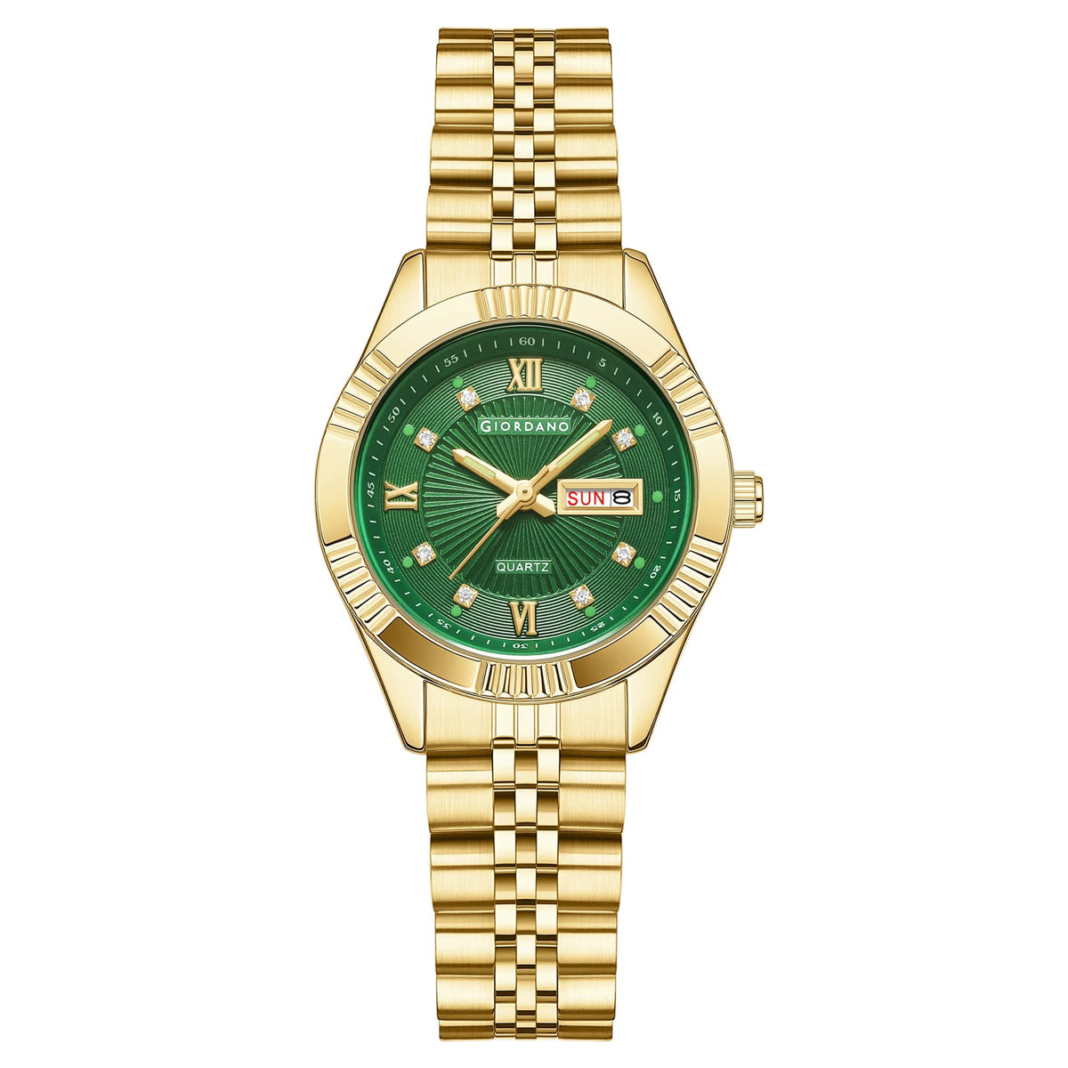 Giordano Analog Quartz Watch for Women with Day & Date Display, Textured Dial, Diamond Hour Markers, Roman Numerals Stainless Steel Strap - GZ-60172-33