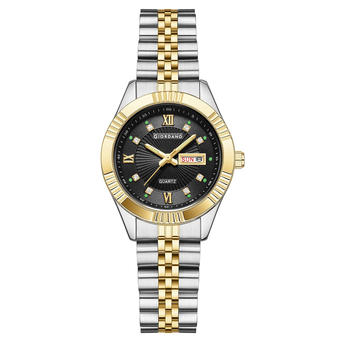 Giordano Analog Quartz Watch for Women with Day & Date Display, Textured Dial, Diamond Hour Markers, Roman Numerals Stainless Steel Strap - GZ-60172-11