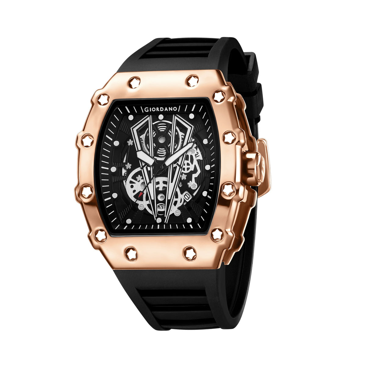 Giordano Analog Quartz Watch for Men with Skeleton Rectangle Black Dial, Date Function, Luminous Hands and Markers, Black Silicone Strap - GZ-50237-22