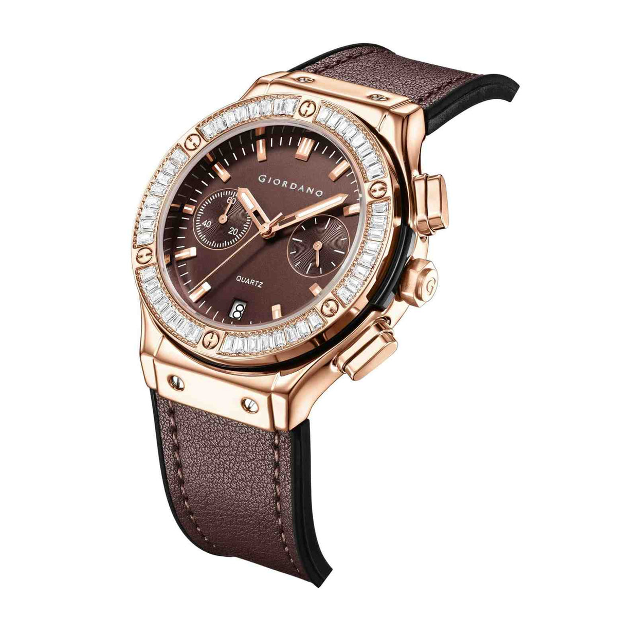 Giordano analog Watch for Women – Round Dial, Leather Strap, Crystal-Studded Bezel with Quartz Movement-GZ-60093-05