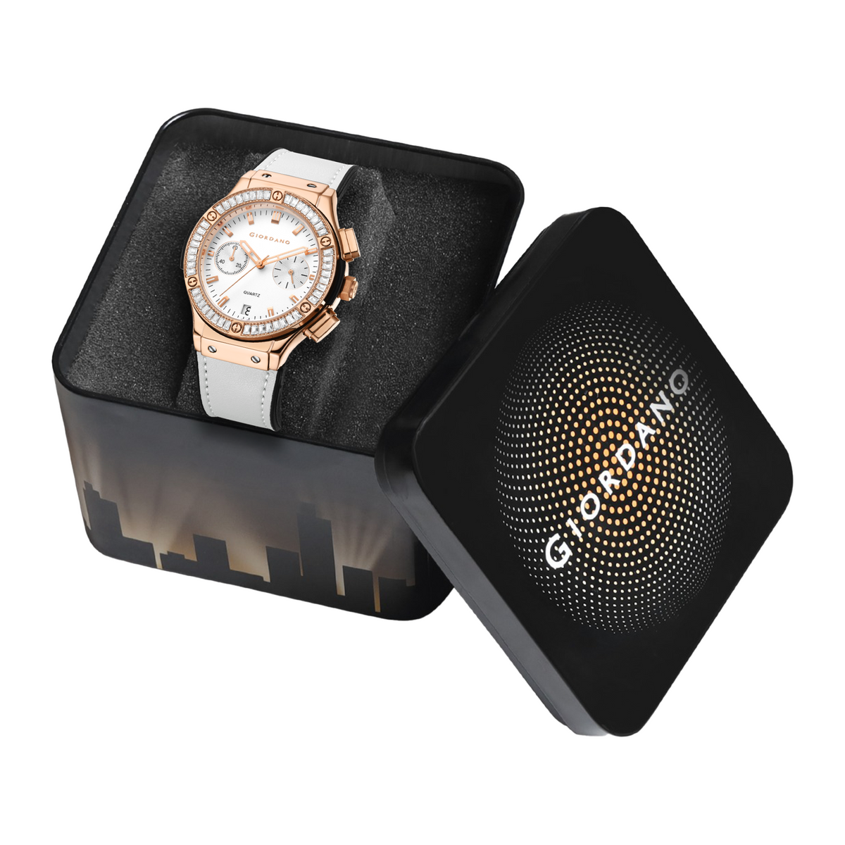 Giordano analog Watch for Women – Round Dial, Leather Strap, Crystal-Studded Bezel with Quartz Movement-GZ-60093-03
