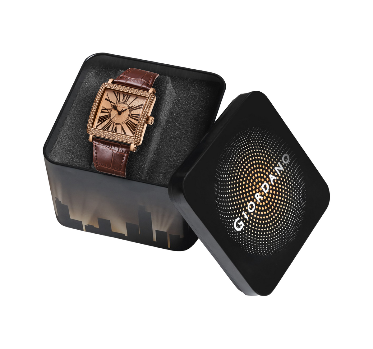 Giordano Elegant Watch for women Crystal-Studded Square Dial, Leather Band, Roman Numeral Dial-GZ-60091-03