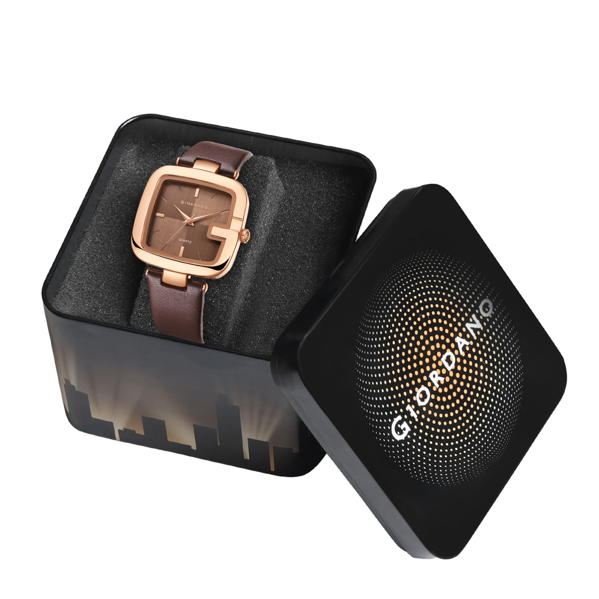 Giordano Square Dial Watch for women with leather strap and Premium Quartz moevment-GZ-60089-03