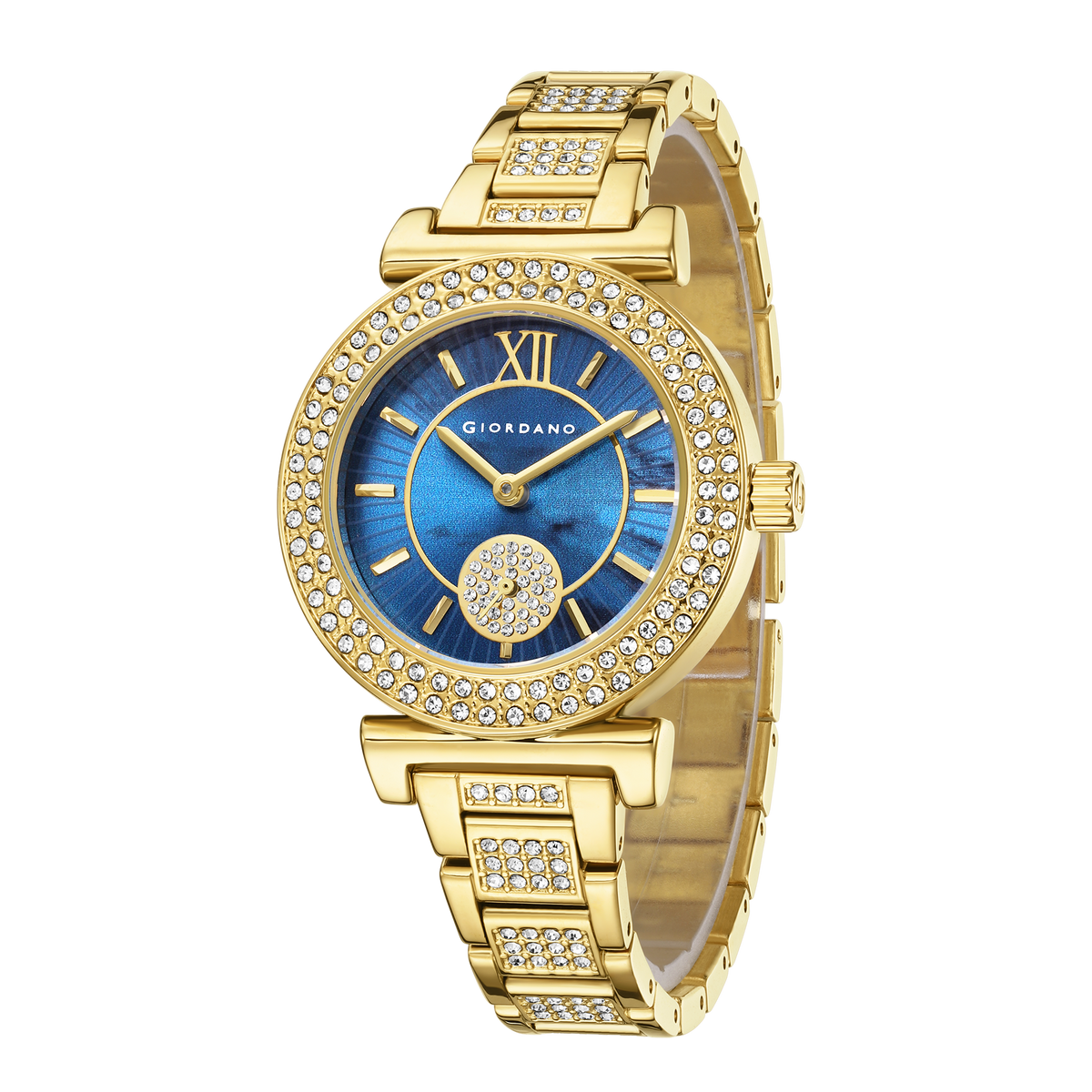 Giordano Luxury Analog Watch for Women - Elegant Crystal Design with sub dial and Diamond Studed statinless Steel Strap | GZ-60086-22