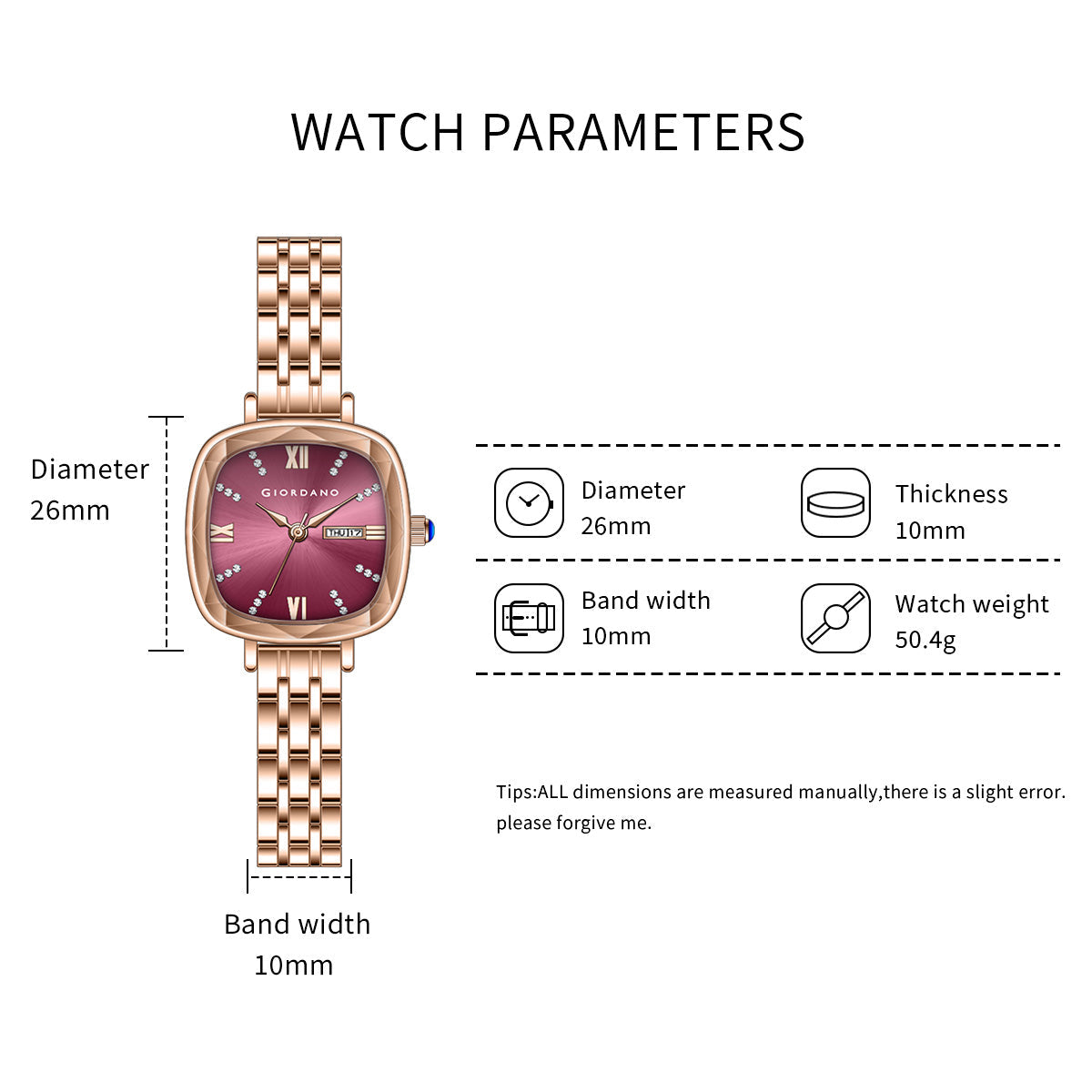 Giordano Elegant Square Rose Gold Watch for Women – Crystal & Roman Hour Markers, Day-Date Display, Stainless Steel Strap | GZ-60097-11