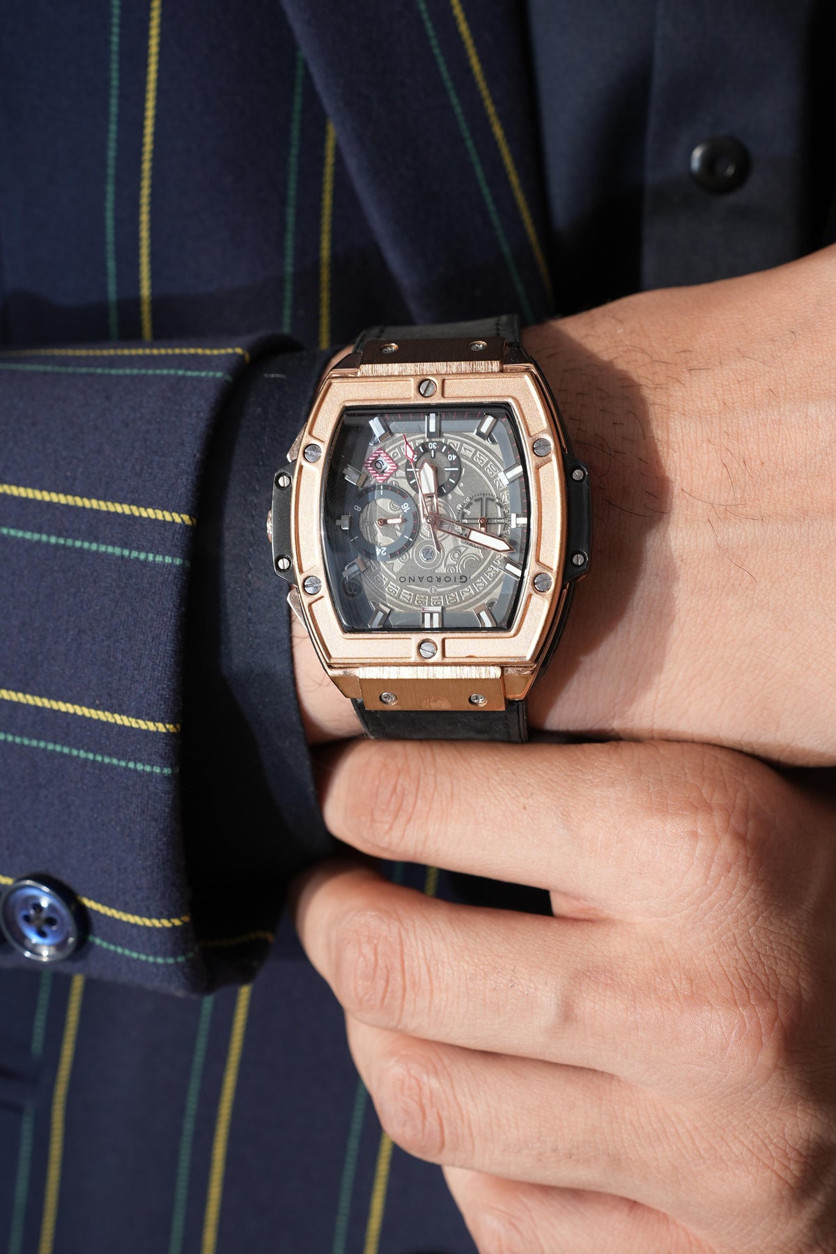 Giordano Terminator Men's Rose Gold Leather Multifunction Watch - with Day, Date, and 24-Hour Sub-Dials | Water Resistant Square Dial Unique Design Wrist Watch for Man | GZ-50098-02