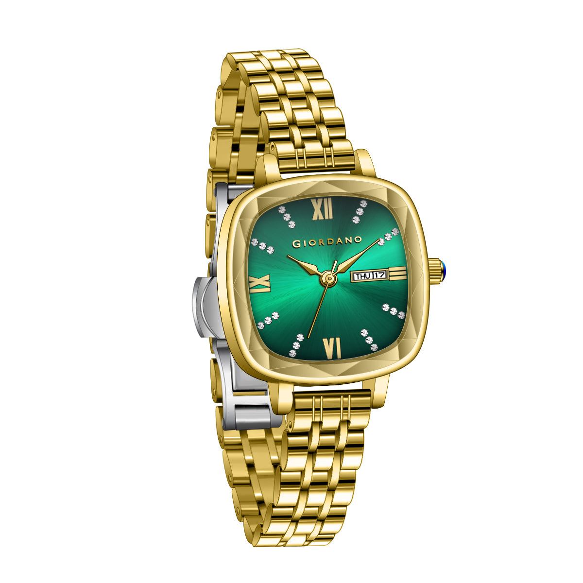 Giordano Elegant Square Watch for Women – Crystal & Roman Hour Markers, Day-Date Display, Stainless Steel Strap | GZ-60097-88
