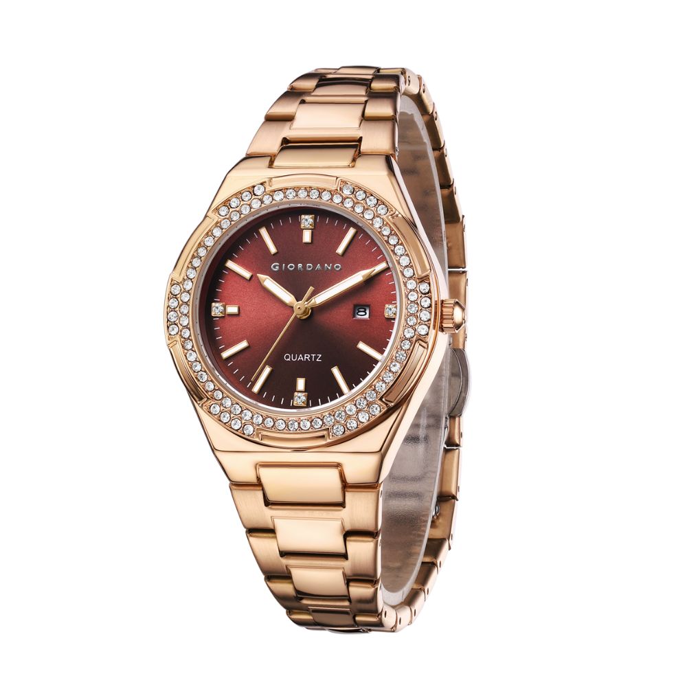 Giordano Analog watch for women with Crystal Bezel, round gloss finish dial, stainless steel strap and date display | GZ-60112-22