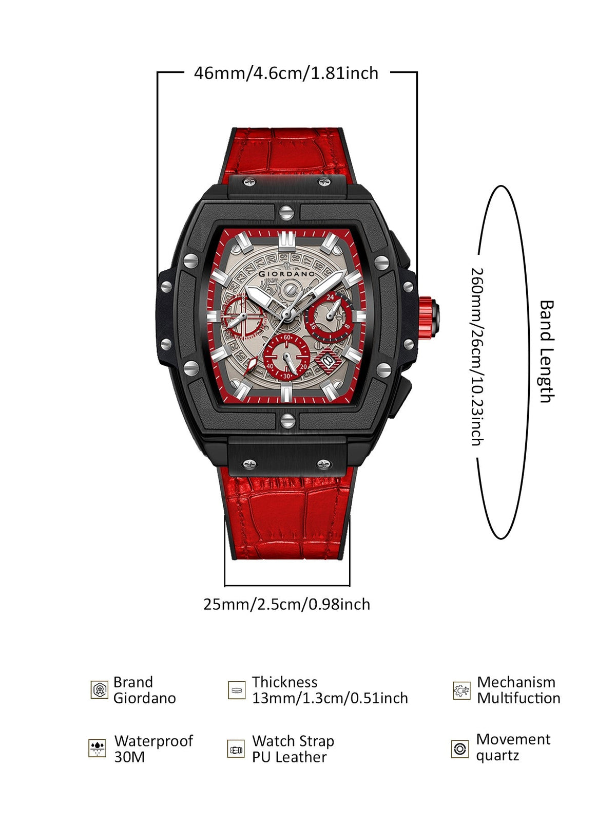 Giordano Terminator Red Leather Multifunction Watch for men - with Day, Date, and 24-Hour Sub-Dials | Water Resistant Square Dial Unique Design Wrist Watch for Man | GZ-50098-04