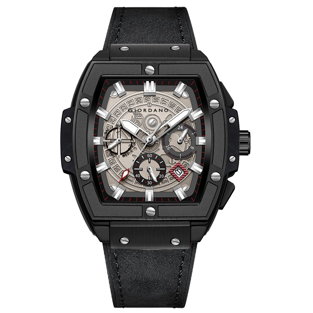 Giordano Terminator Men's Black Leather Multifunction Watch - with Day, Date, and 24-Hour Sub-Dials | Water Resistant Square Dial Unique Design Wrist Watch for Man | GZ-50098-03