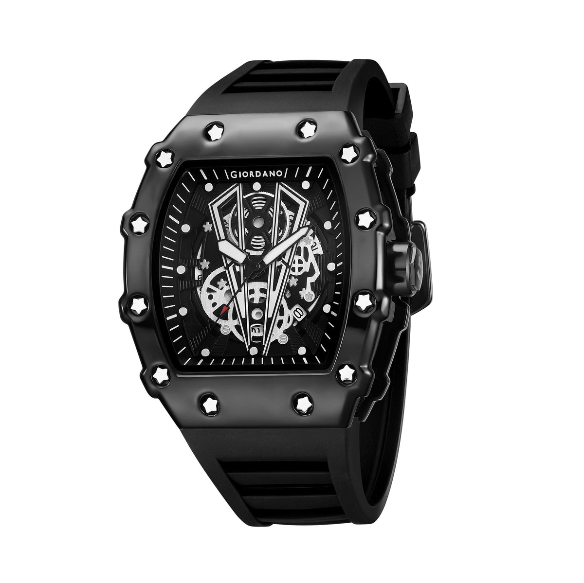Giordano Analog Quartz Watch for Men with Skeleton Rectangle Black Dial, Date Function, Luminous Hands and Markers, Black Silicone Strap - GZ-50237-11
