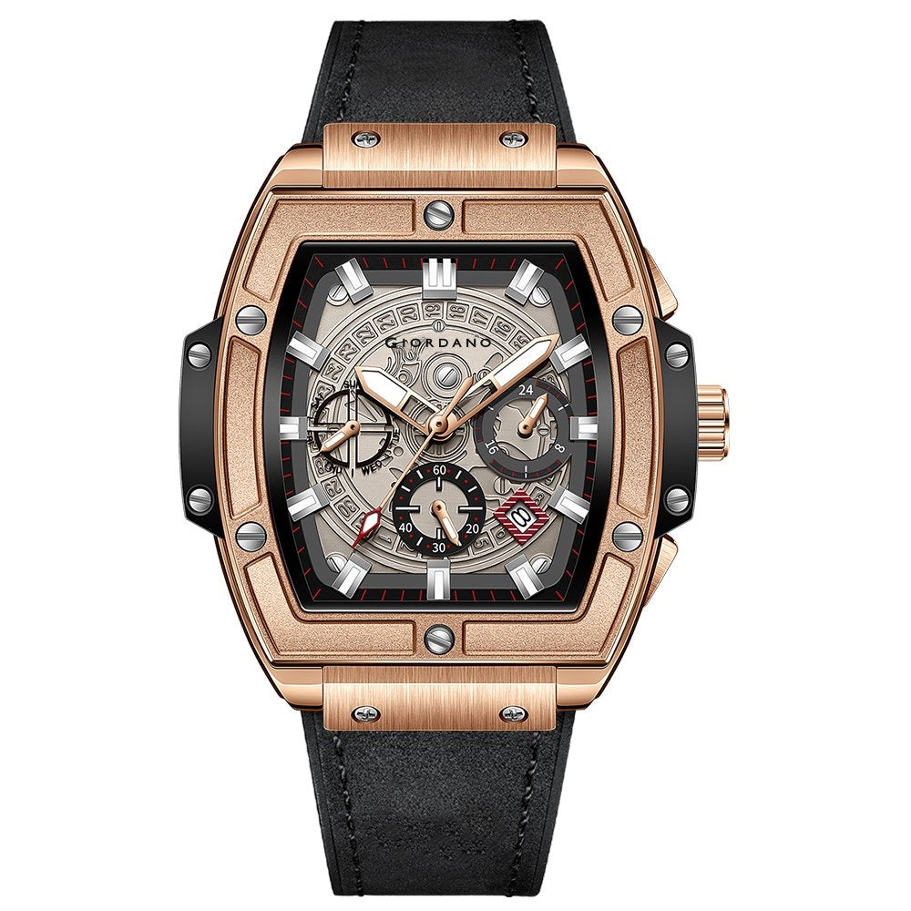 Giordano Terminator Men's Rose Gold Leather Multifunction Watch - with Day, Date, and 24-Hour Sub-Dials | Water Resistant Square Dial Unique Design Wrist Watch for Man | GZ-50098-02