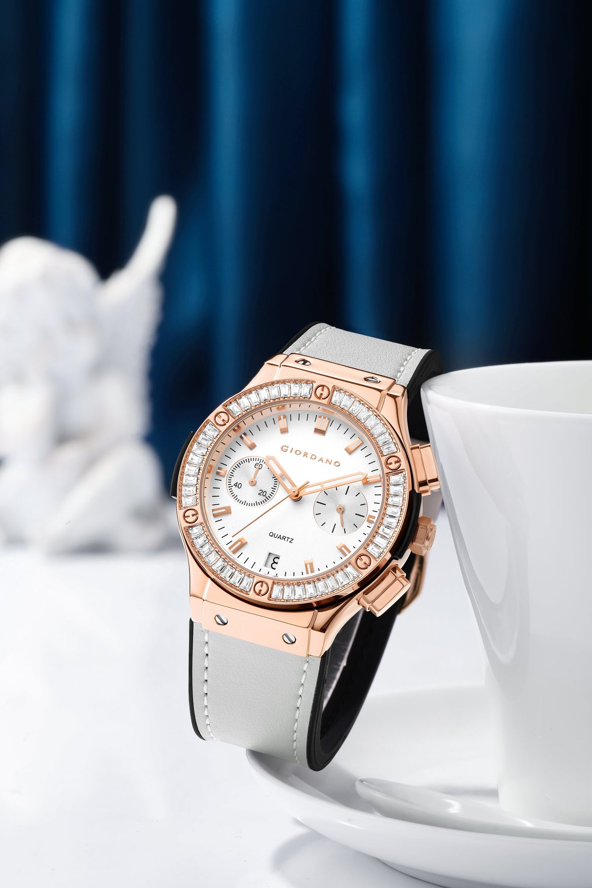 Giordano analog Watch for Women  – Round Dial,  Leather Strap, Crystal-Studded Bezel with Quartz Movement-GZ-60093-03