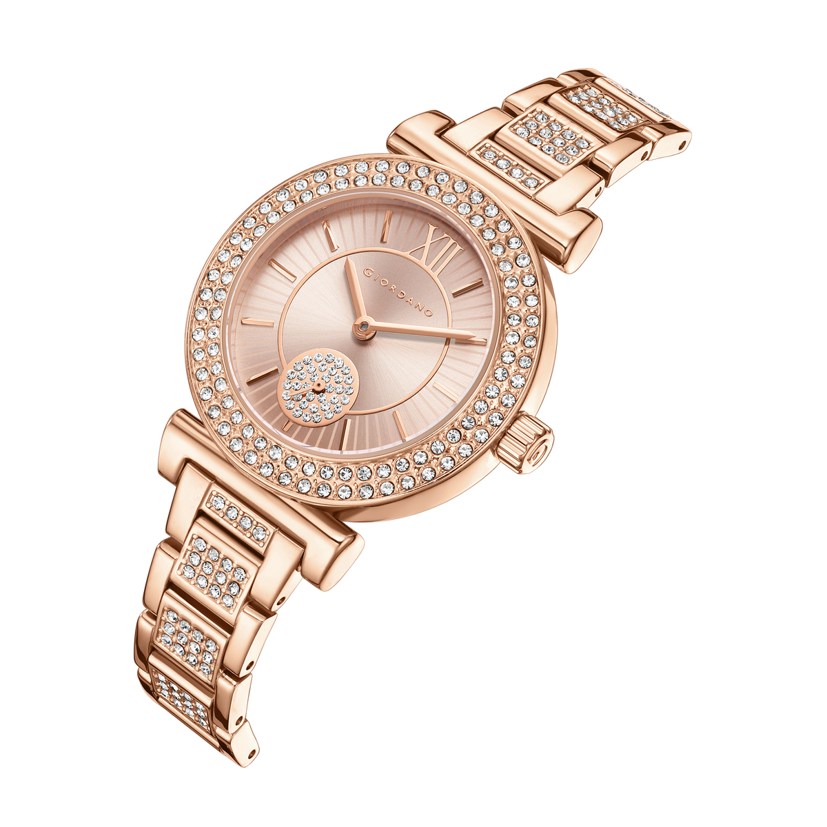 Giordano Luxury Analog Watch for Women - Elegant Crystal Design with sub dial and Diamond Studed statinless Steel Strap | GZ-60086-11