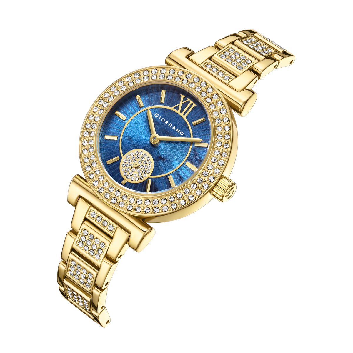 Giordano Luxury Analog Watch for Women - Elegant Crystal Design with sub dial and Diamond Studed statinless Steel Strap | GZ-60086-22