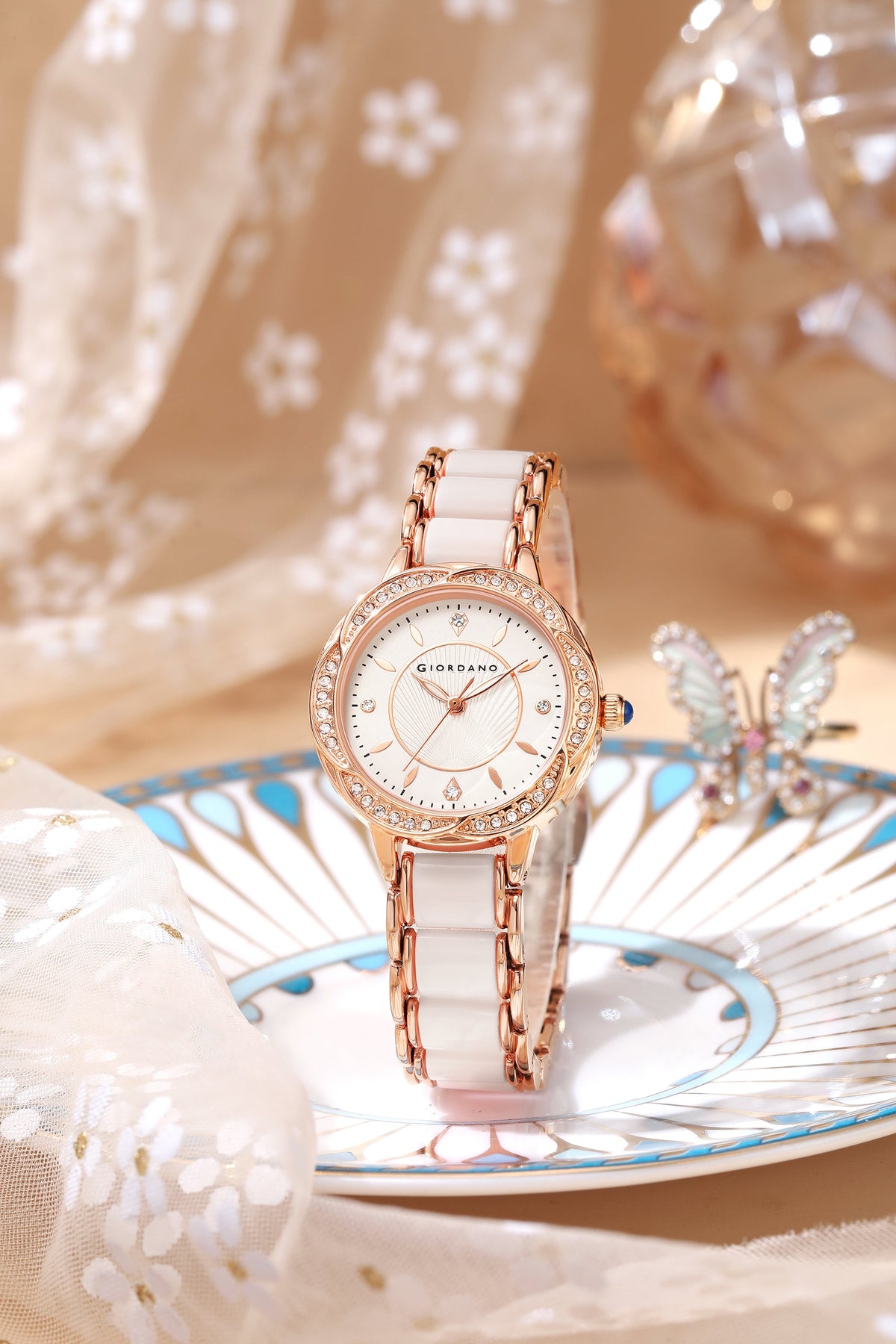 Giordano Flower Case Watch for Women with Crystal-Studded Bezel, Diamond Hour Markers & Dual Tone Stainless Strap | GZ-60095-33