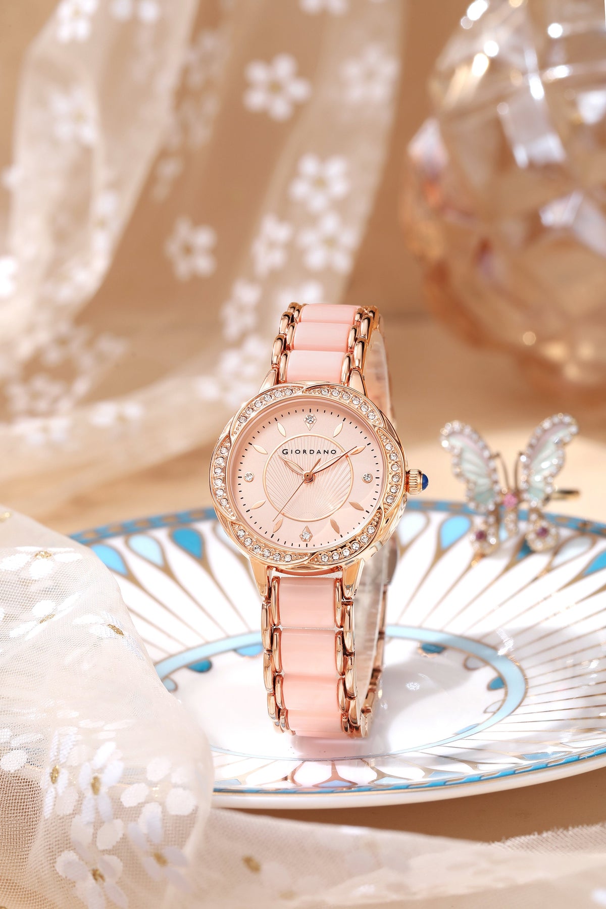 Giordano Flower Case Watch for Women with Crystal-Studded Bezel, Diamond Hour Markers & Dual Tone Stainless Strap | GZ-60095-22