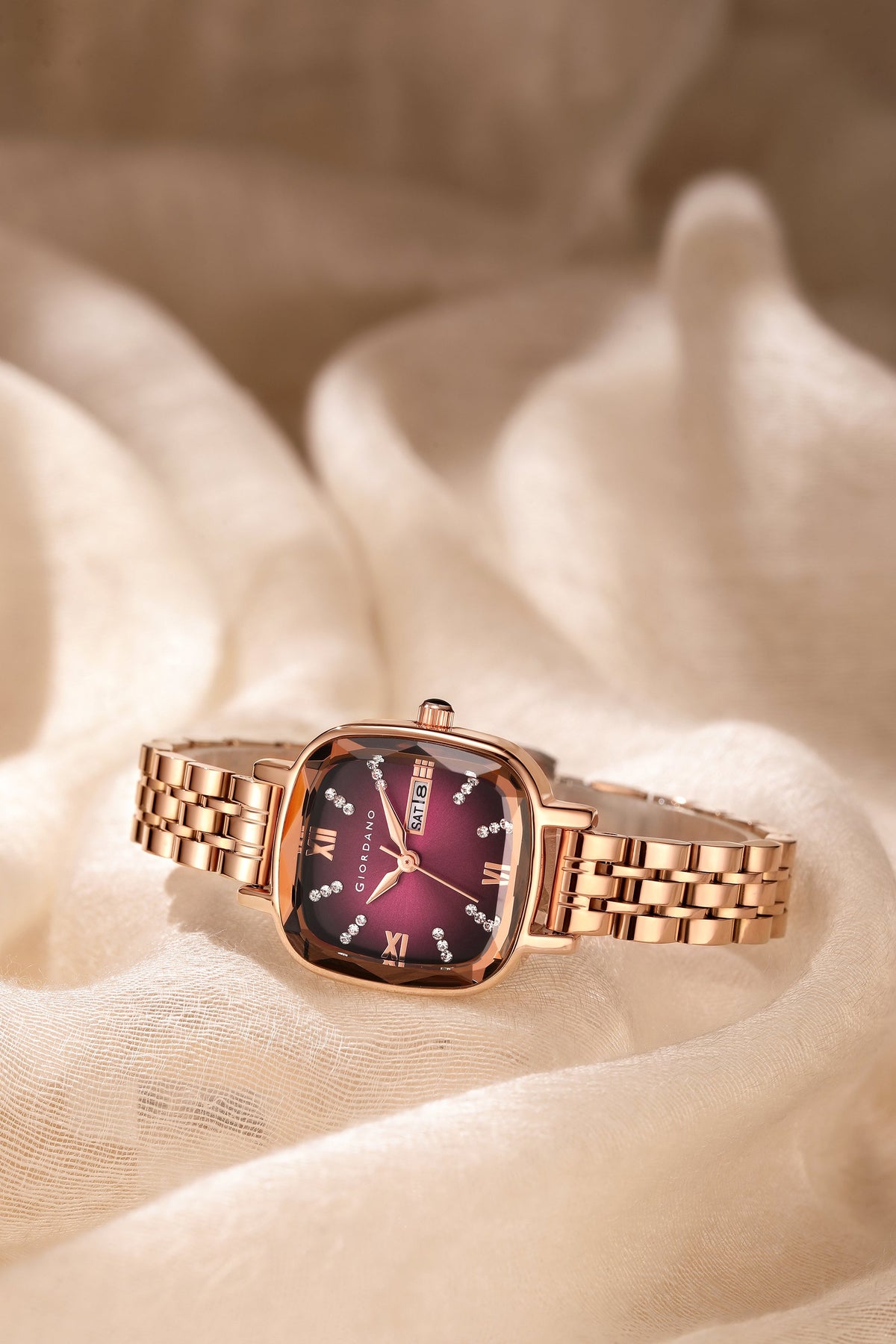 Giordano Elegant Square Rose Gold Watch for Women – Crystal & Roman Hour Markers, Day-Date Display, Stainless Steel Strap | GZ-60097-11