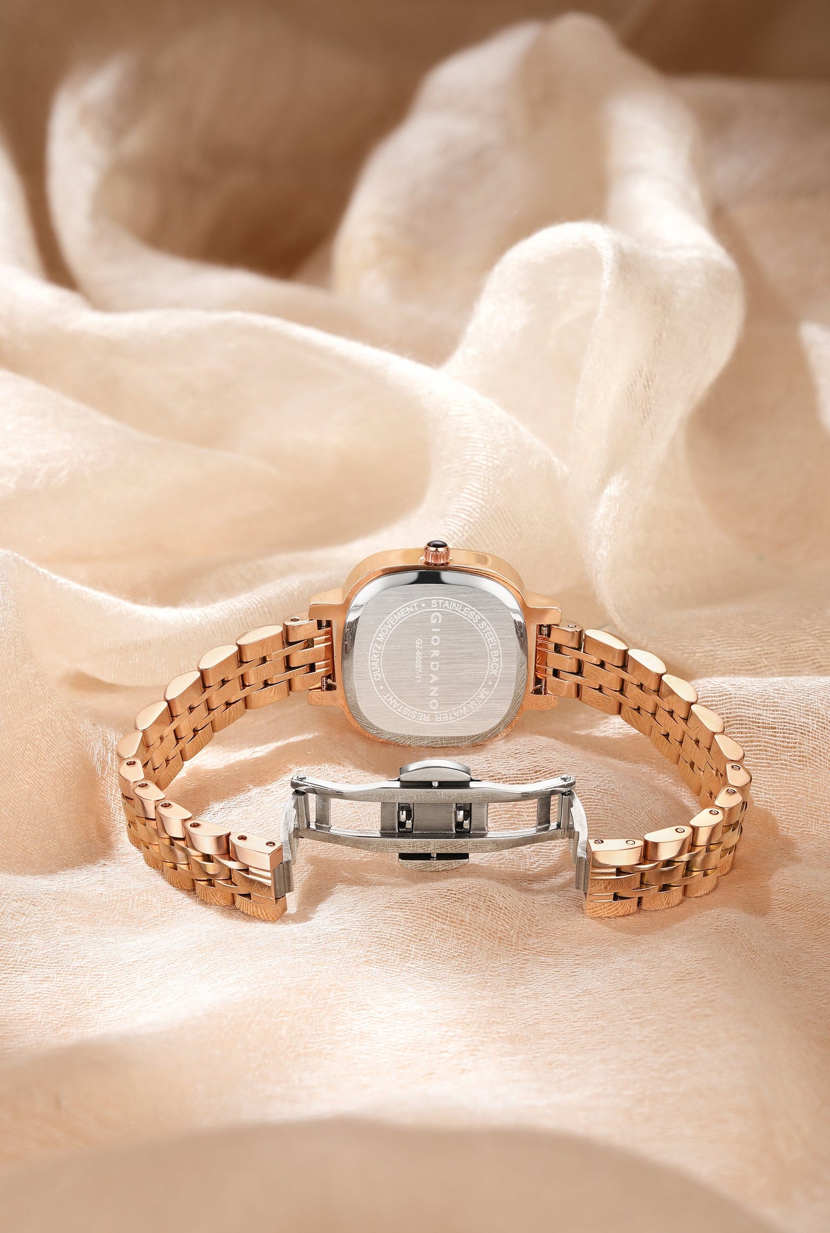 Giordano Elegant Square Rose Gold Watch for Women – Crystal & Roman Hour Markers, Day-Date Display, Stainless Steel Strap | GZ-60097-11