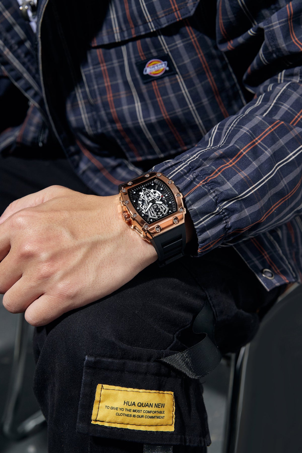 Giordano Analog Quartz Watch for Men with Skeleton Rectangle Black Dial, Date Function, Luminous Hands and Markers, Black Silicone Strap - GZ-50237-22