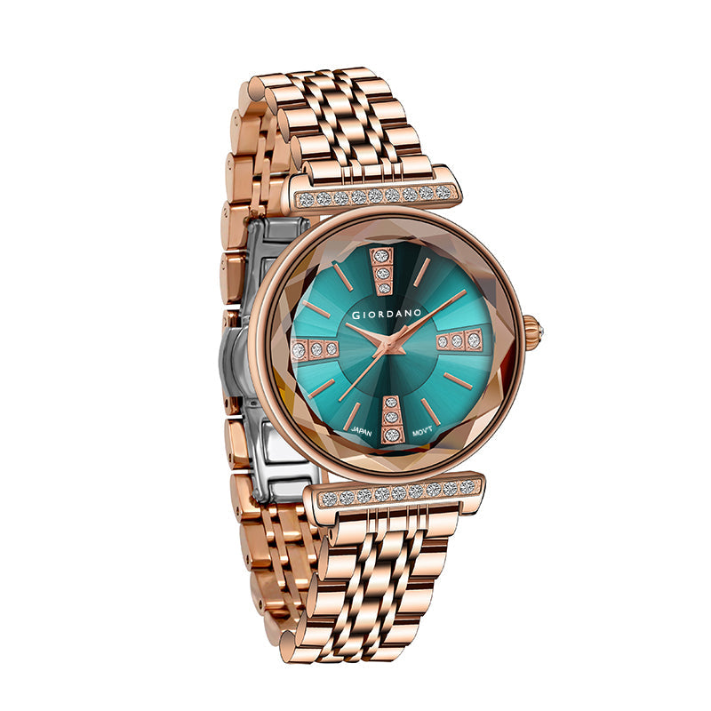 Giordano Stylish Diamond Studded Analog Wrist Watch for Women with Elegant Diamond Cut Glass and Stainless Steel Strap | GZ-60084-22