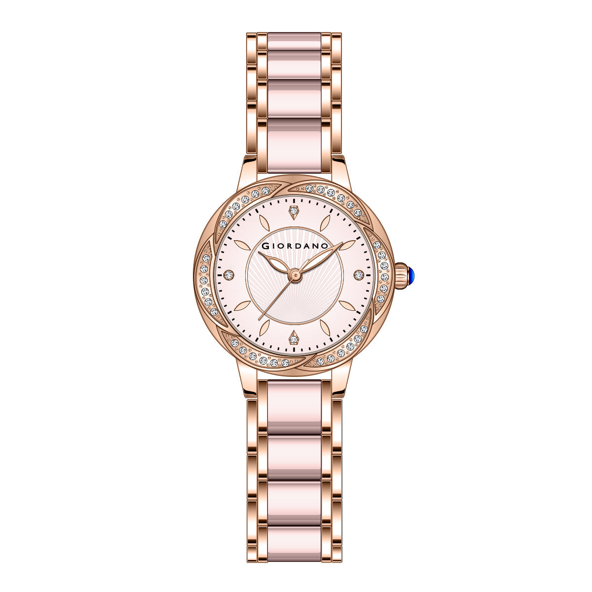 Giordano Flower Case Watch for Women with Crystal-Studded Bezel, Diamond Hour Markers & Dual Tone Stainless Strap | GZ-60095-22