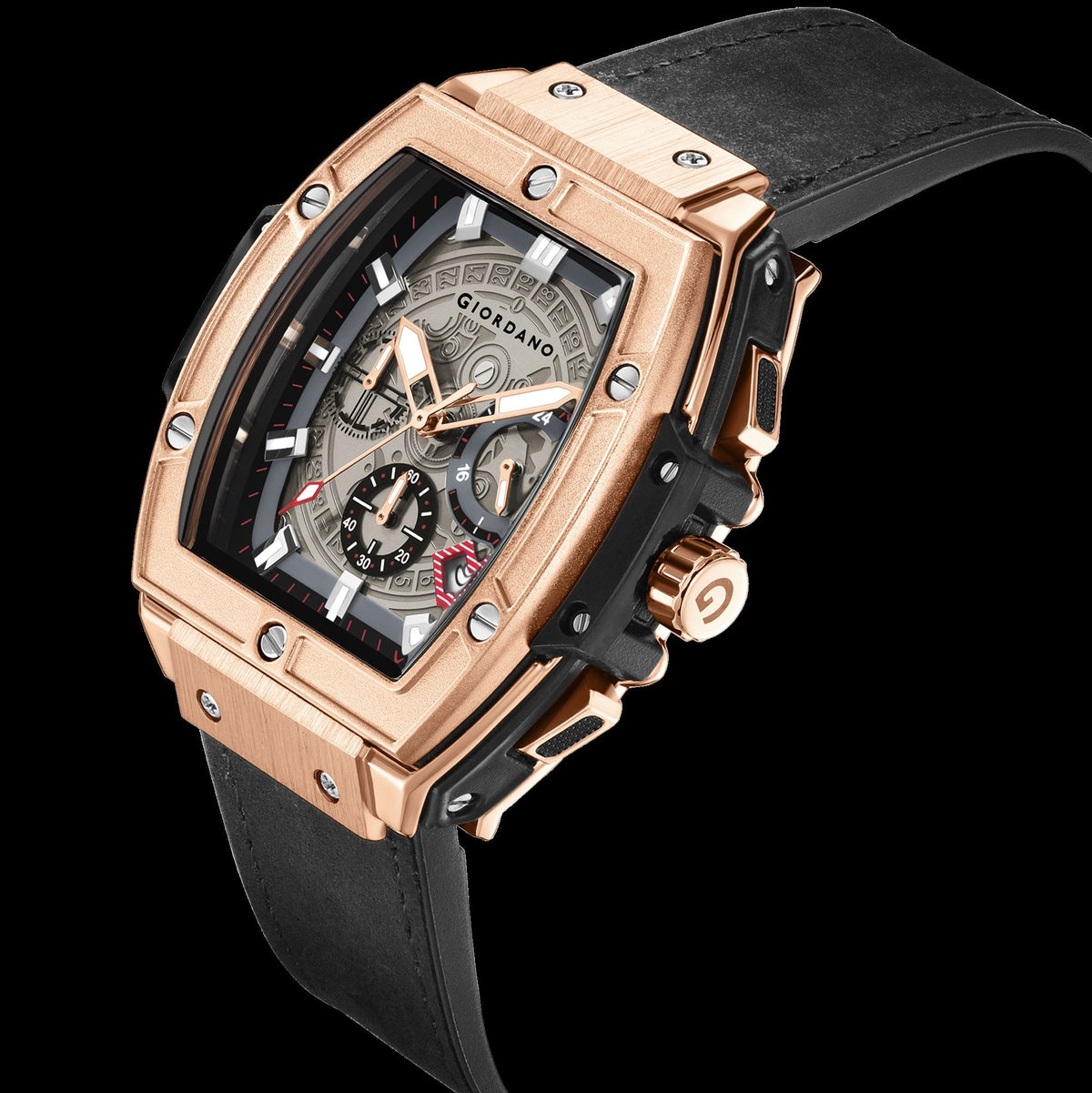 Giordano Terminator Men's Rose Gold Leather Multifunction Watch - with Day, Date, and 24-Hour Sub-Dials | Water Resistant Square Dial Unique Design Wrist Watch for Man | GZ-50098-02