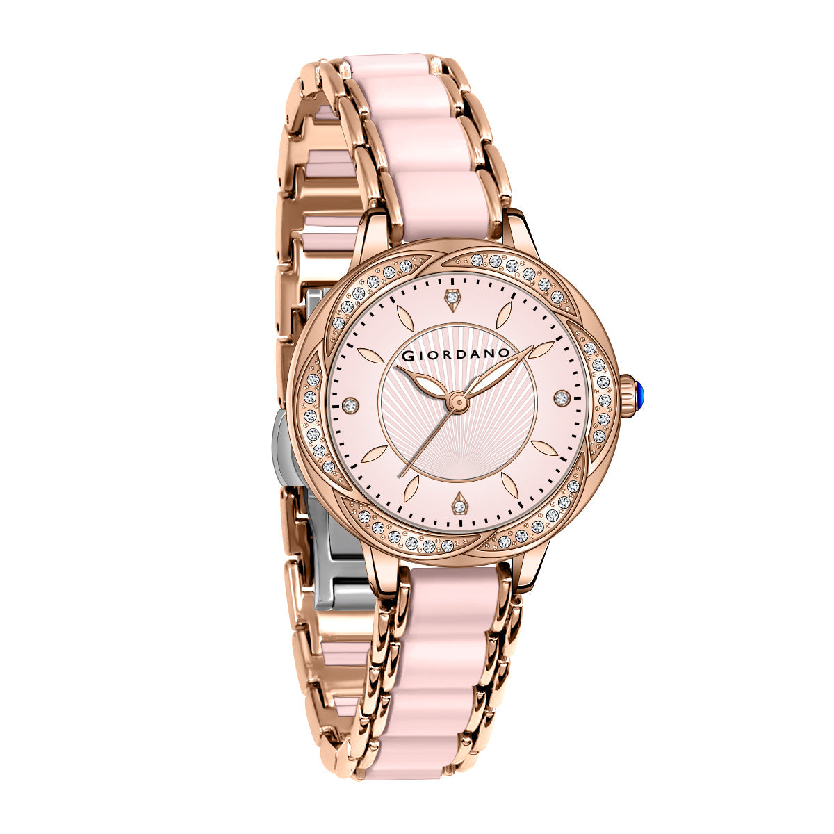 Giordano Flower Case Watch for Women with Crystal-Studded Bezel, Diamond Hour Markers & Dual Tone Stainless Strap | GZ-60095-22