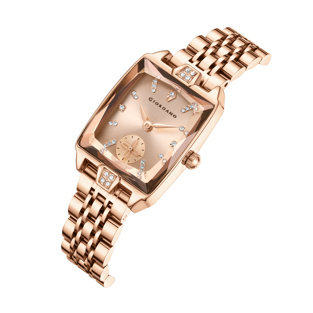 Giordano Analog Watch For Women - Rectangular Dial, Crystal Hour Markers And Rose Gold Stainless Steel Strap GZ-60102-44