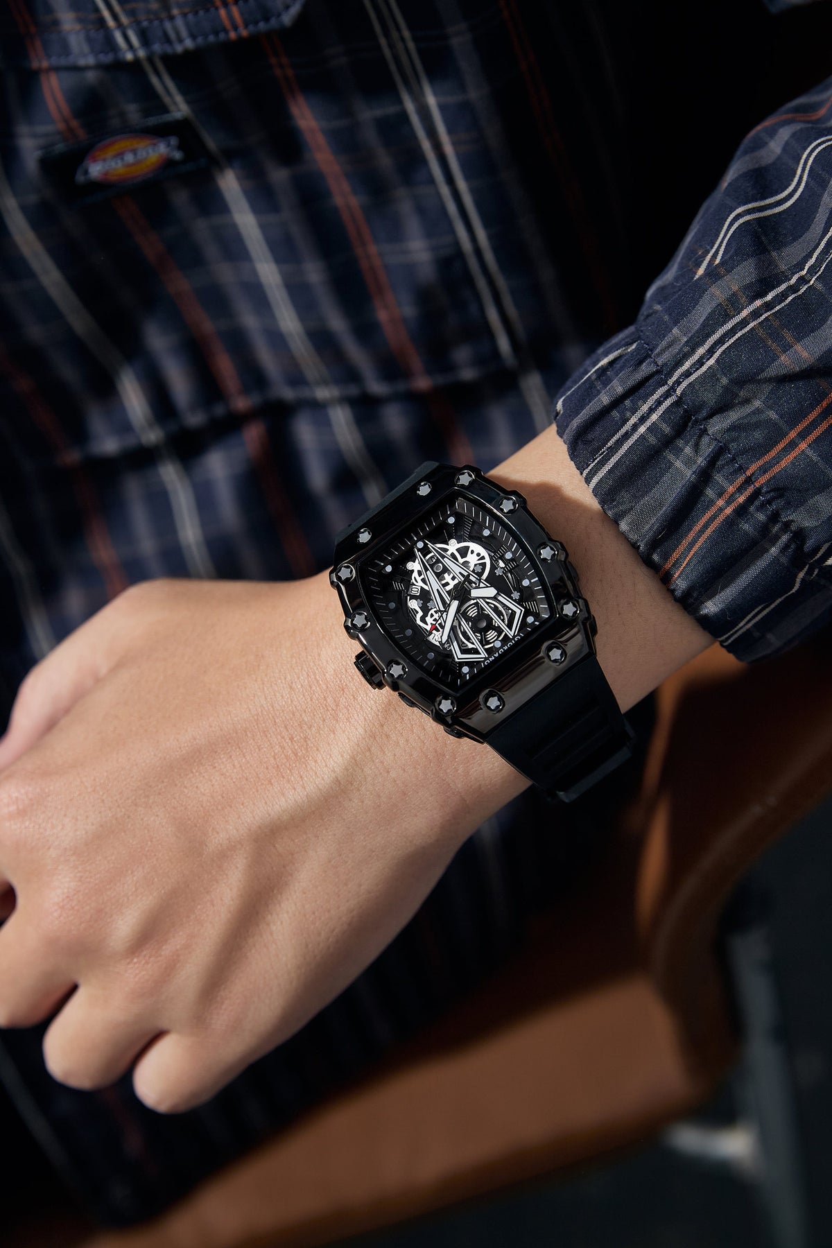 Giordano Analog Quartz Watch for Men with Skeleton Rectangle Black Dial, Date Function, Luminous Hands and Markers, Black Silicone Strap - GZ-50237-11