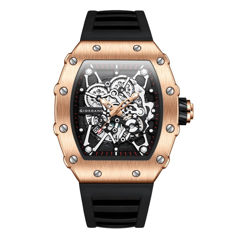 Giordano Analog Watch for Men - Skeleton-Style Dial | Brushed Steel Case with Silicone Strap | GZ-50127-03
