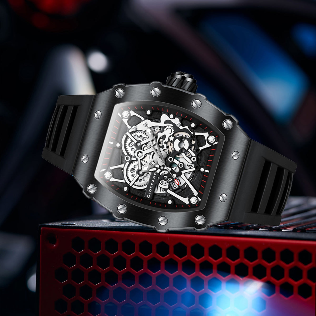 Giordano Analog Watch for Men - Skeleton-Style Dial | Brushed Steel Case with Silicone Strap | GZ-50127-01