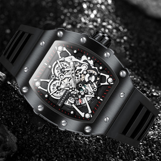 Giordano Analog Watch for Men - Skeleton-Style Dial | Brushed Steel Case with Silicone Strap | GZ-50127-01