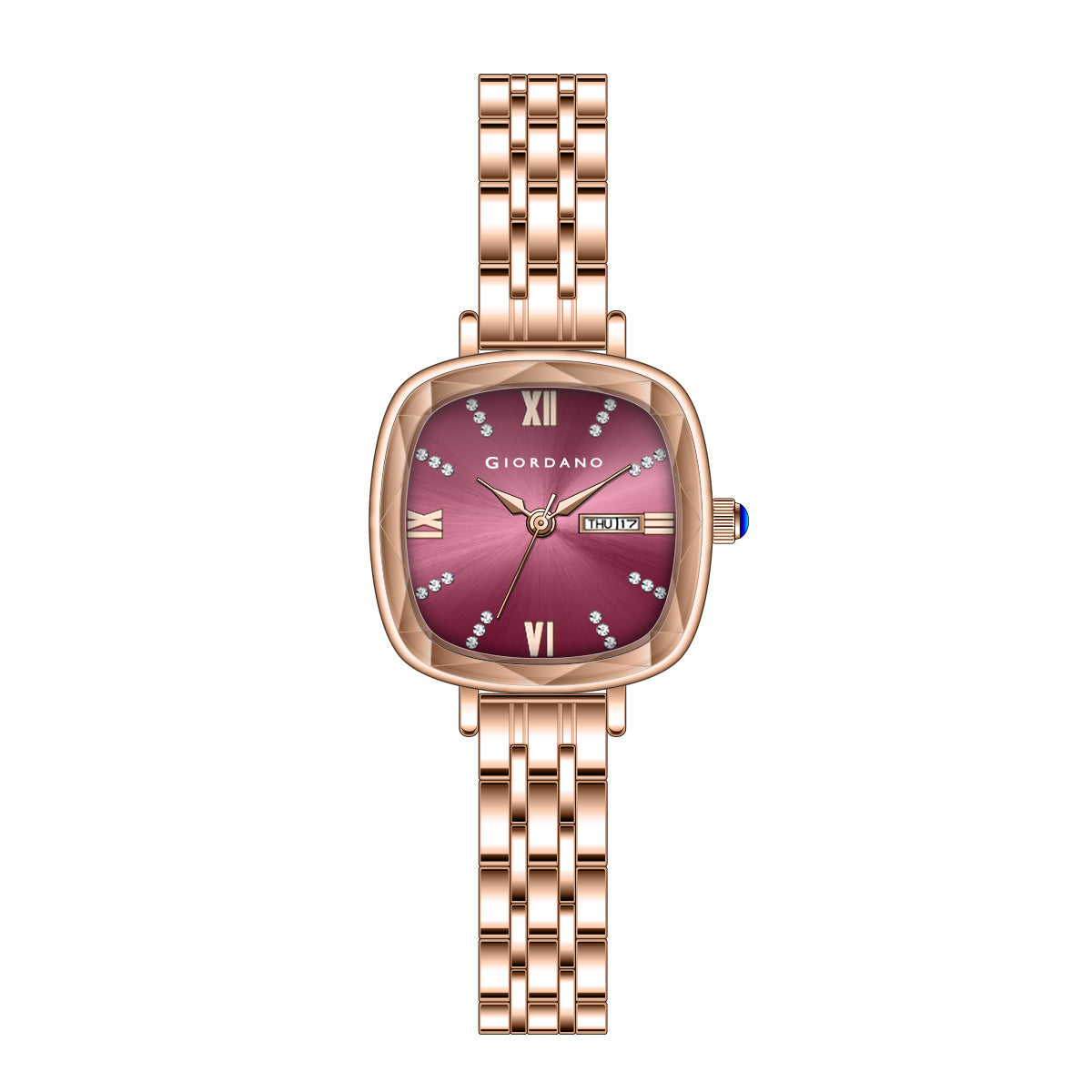 Giordano Elegant Square Rose Gold Watch for Women – Crystal & Roman Hour Markers, Day-Date Display, Stainless Steel Strap | GZ-60097-11