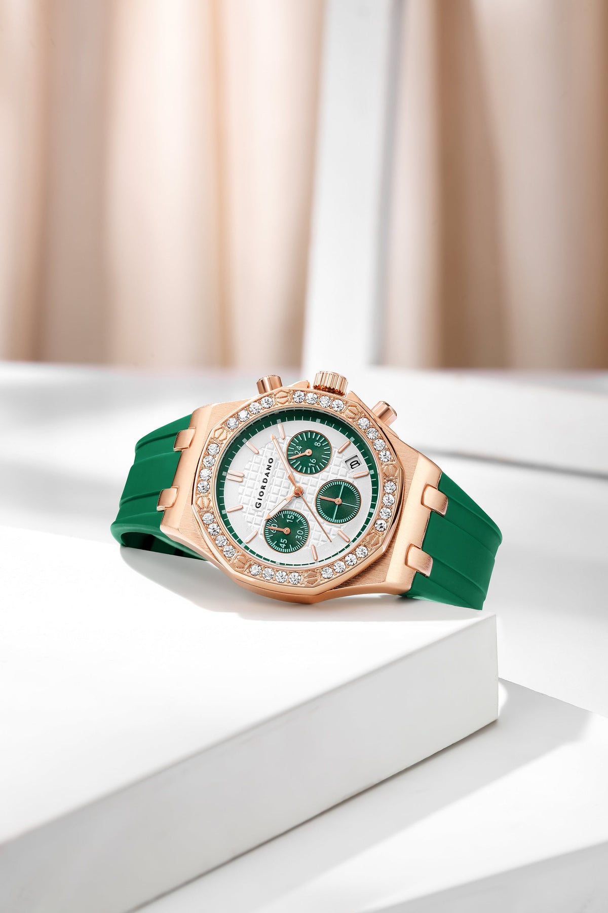 Giordano Chronograph Watch for Women | Stainless Steel Case, Crystal bezel | Modern & Stylish Timepiece with Comfortable Silicone Strap | GZ-50154-33