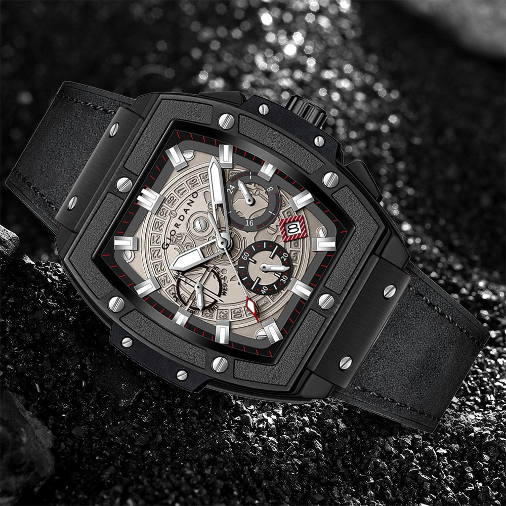 Giordano Terminator Men's Black Leather Multifunction Watch - with Day, Date, and 24-Hour Sub-Dials | Water Resistant Square Dial Unique Design Wrist Watch for Man | GZ-50098-03