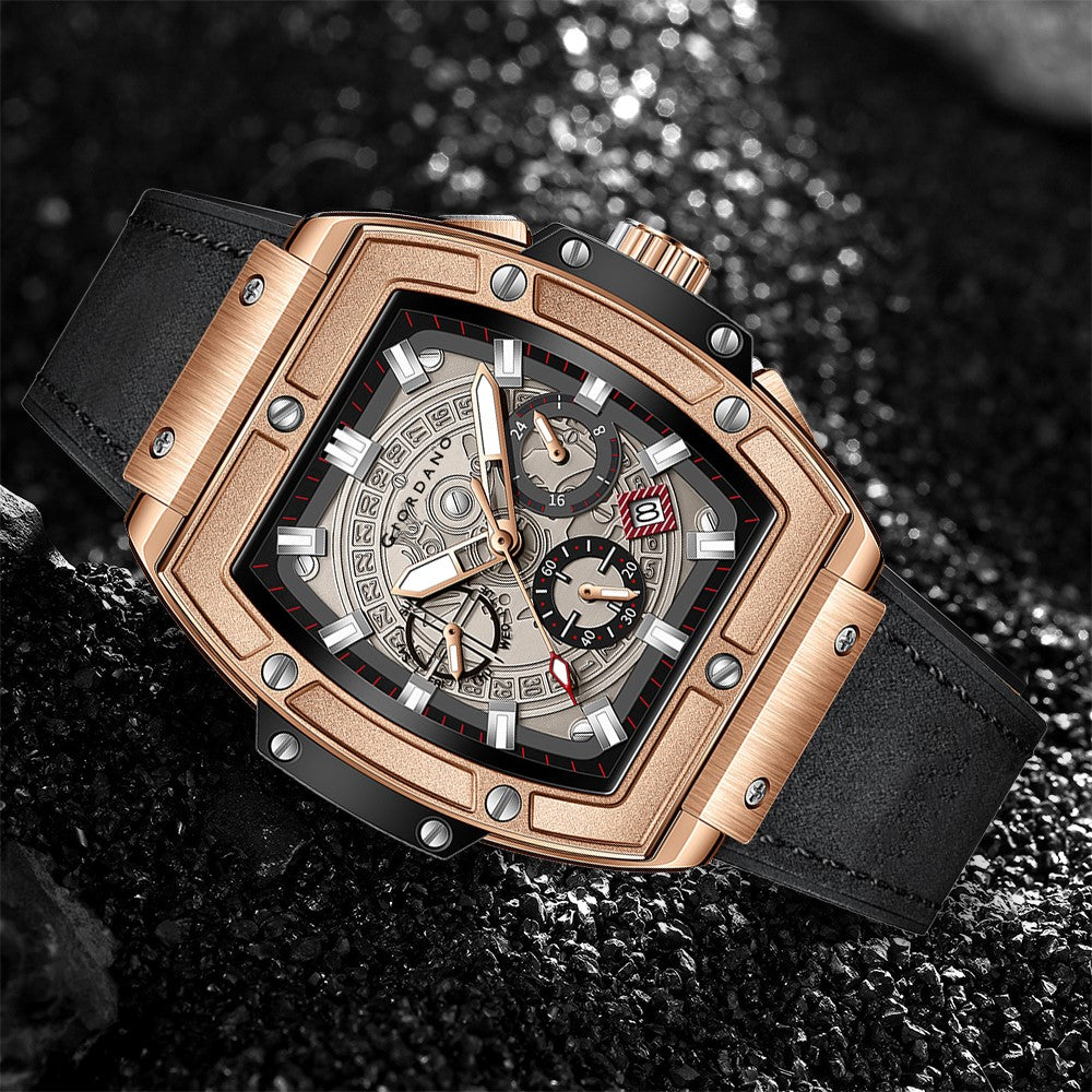 Giordano Terminator Men's Rose Gold Leather Multifunction Watch - with Day, Date, and 24-Hour Sub-Dials | Water Resistant Square Dial Unique Design Wrist Watch for Man | GZ-50098-02