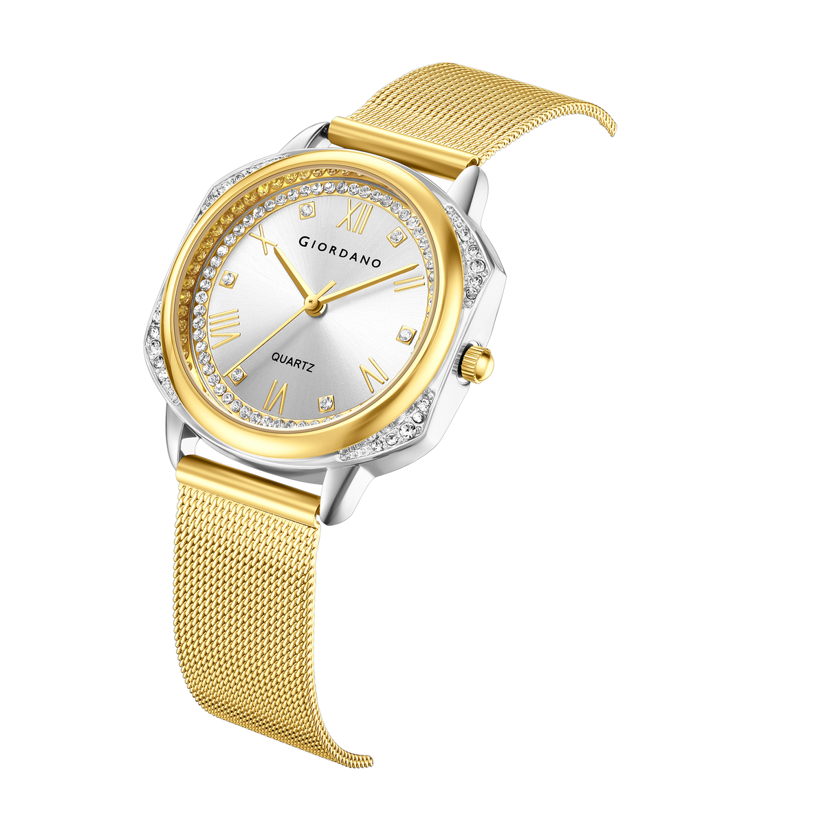 Giordano Gold Analog Quartz Watch Gift Set for Women – 3 Piece Combo with Mesh Strap, Roman Numeral Crystal Studded Dial, Round Pearl Pendant Necklace & Bangle Bracelet - GZ-60183-33
