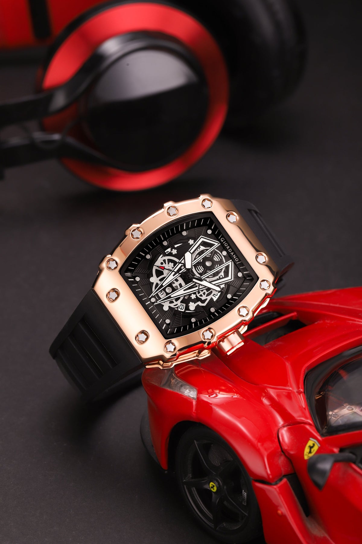 Giordano Analog Quartz Watch for Men with Skeleton Rectangle Black Dial, Date Function, Luminous Hands and Markers, Black Silicone Strap - GZ-50237-22