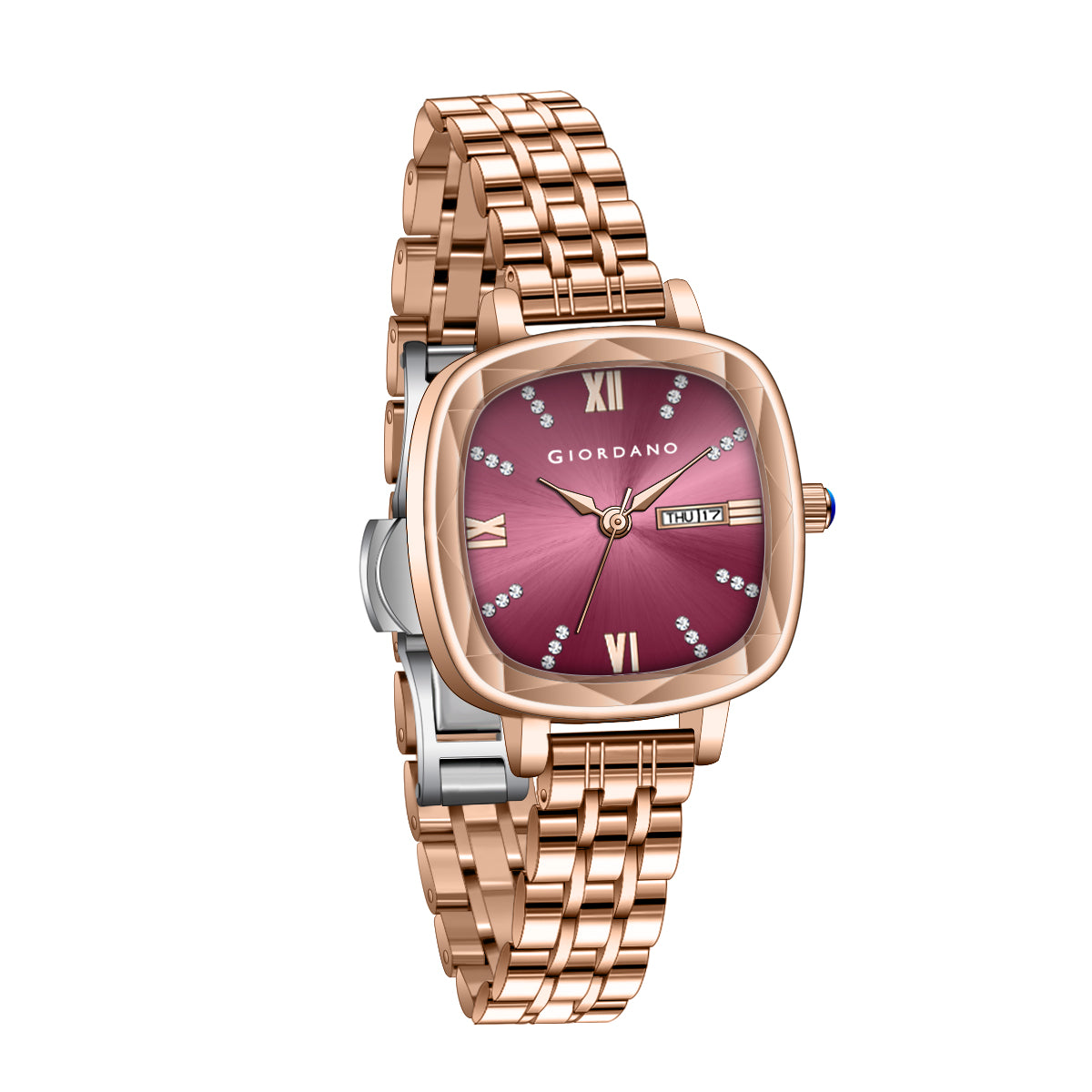 Giordano Elegant Square Rose Gold Watch for Women – Crystal & Roman Hour Markers, Day-Date Display, Stainless Steel Strap | GZ-60097-11