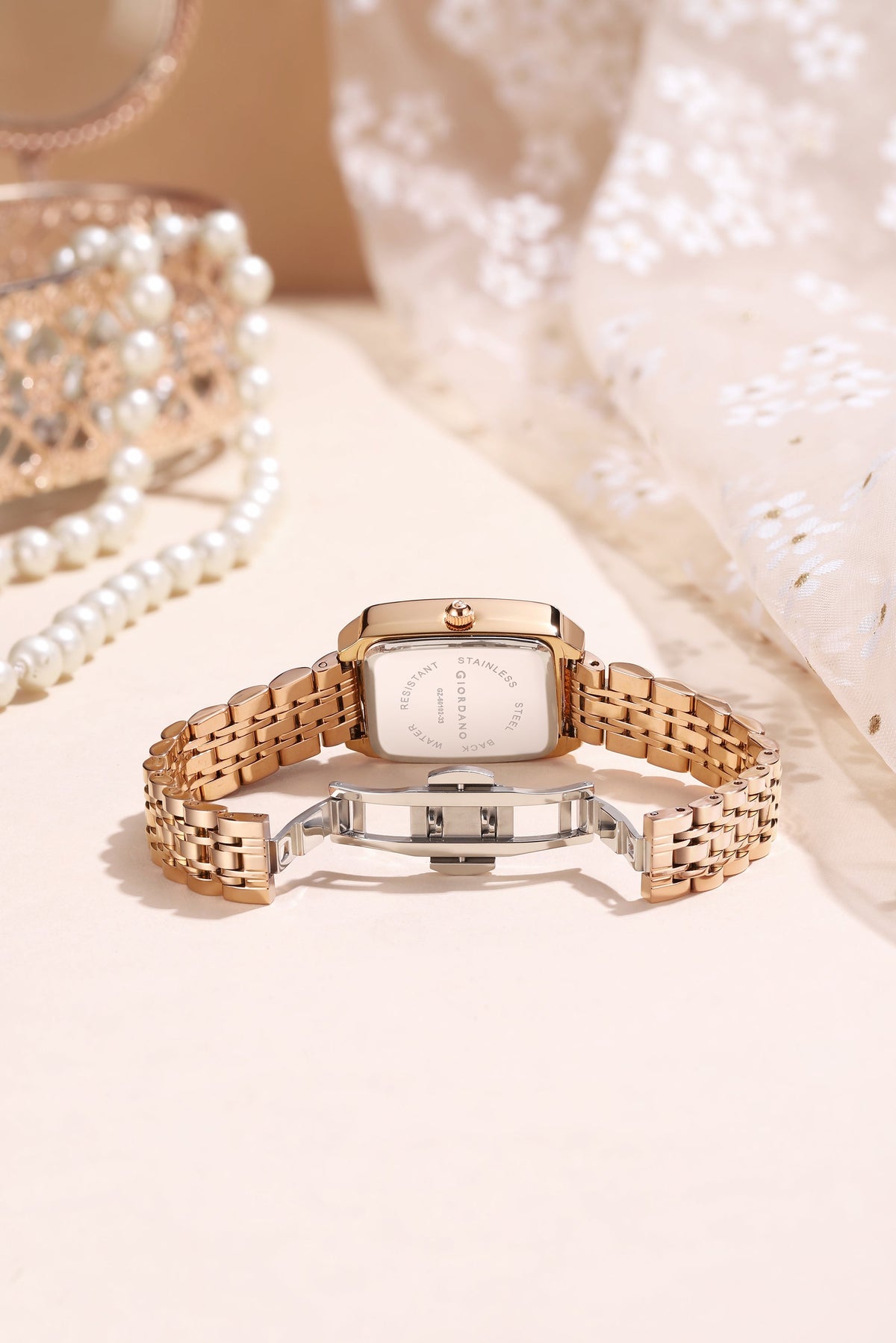 Giordano Analog Watch For Women - Rectangular Dial, Crystal Hour Markers And Rose Gold Stainless Steel Strap GZ-60102-33