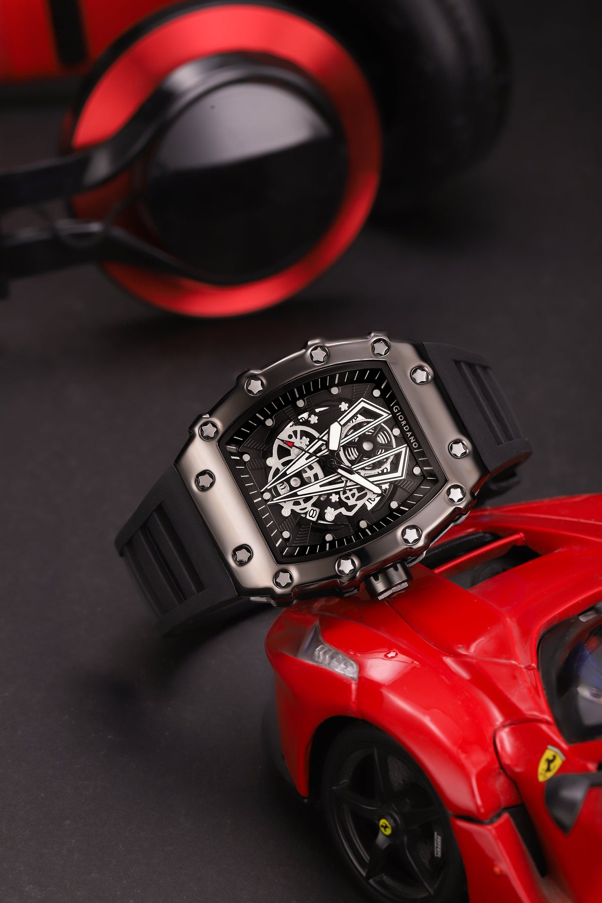 Giordano Analog Quartz Watch for Men with Skeleton Rectangle Black Dial, Date Function, Luminous Hands and Markers, Black Silicone Strap - GZ-50237-11