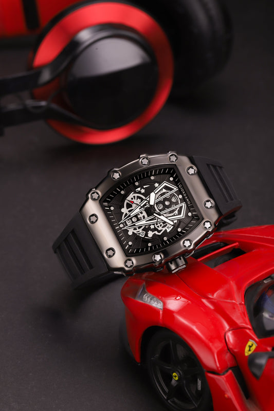 Giordano Analog Quartz Watch for Men with Skeleton Rectangle Black Dial, Date Function, Luminous Hands and Markers, Black Silicone Strap - GZ-50237-11