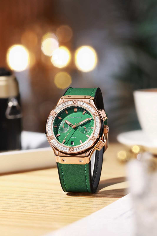 Giordano analog Watch for Women  – Round Dial,  Leather Strap, Crystal-Studded Bezel with Quartz Movement-GZ-60093-07
