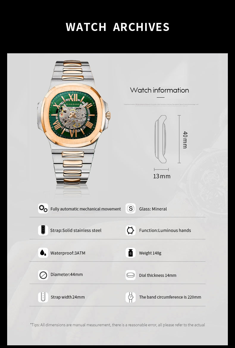 Giordano Dual-Tone Skeleton Automatic Stainless Steel Watch for Men with Luxurious Gold Accent Case | GZ-50114-33