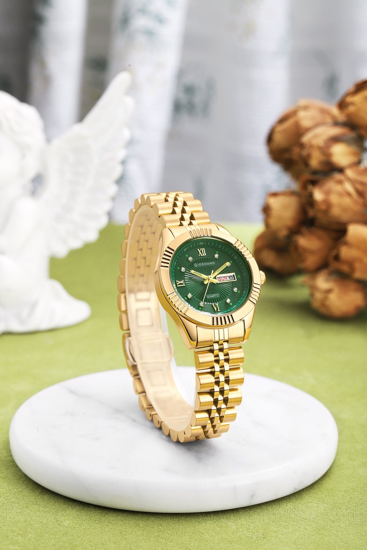 Giordano Analog Quartz Watch for Women with Day & Date Display, Textured Dial, Diamond Hour Markers, Roman Numerals Stainless Steel Strap - GZ-60172-33