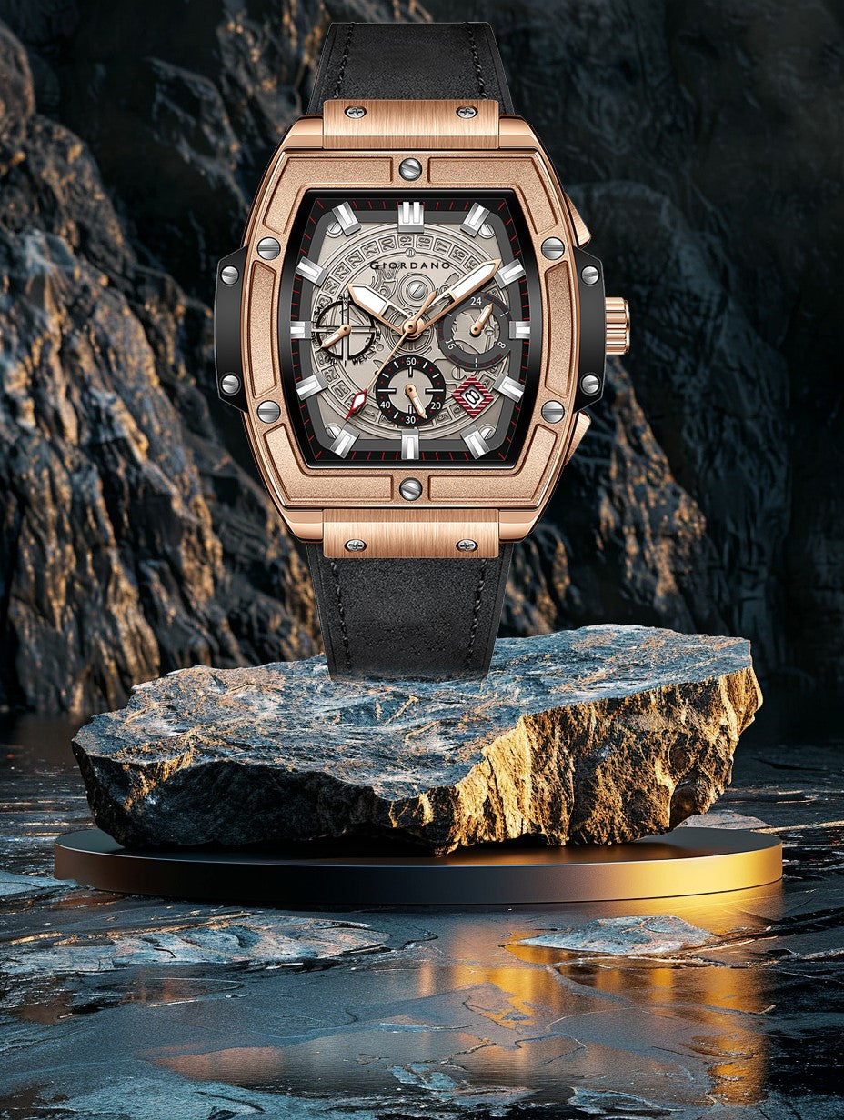 Giordano Terminator Men's Rose Gold Leather Multifunction Watch - with Day, Date, and 24-Hour Sub-Dials | Water Resistant Square Dial Unique Design Wrist Watch for Man | GZ-50098-02