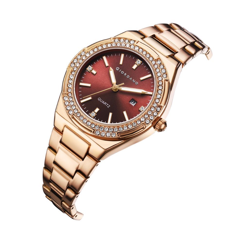 Giordano Analog watch for women with Crystal Bezel, round gloss finish dial, stainless steel strap and date display | GZ-60112-22