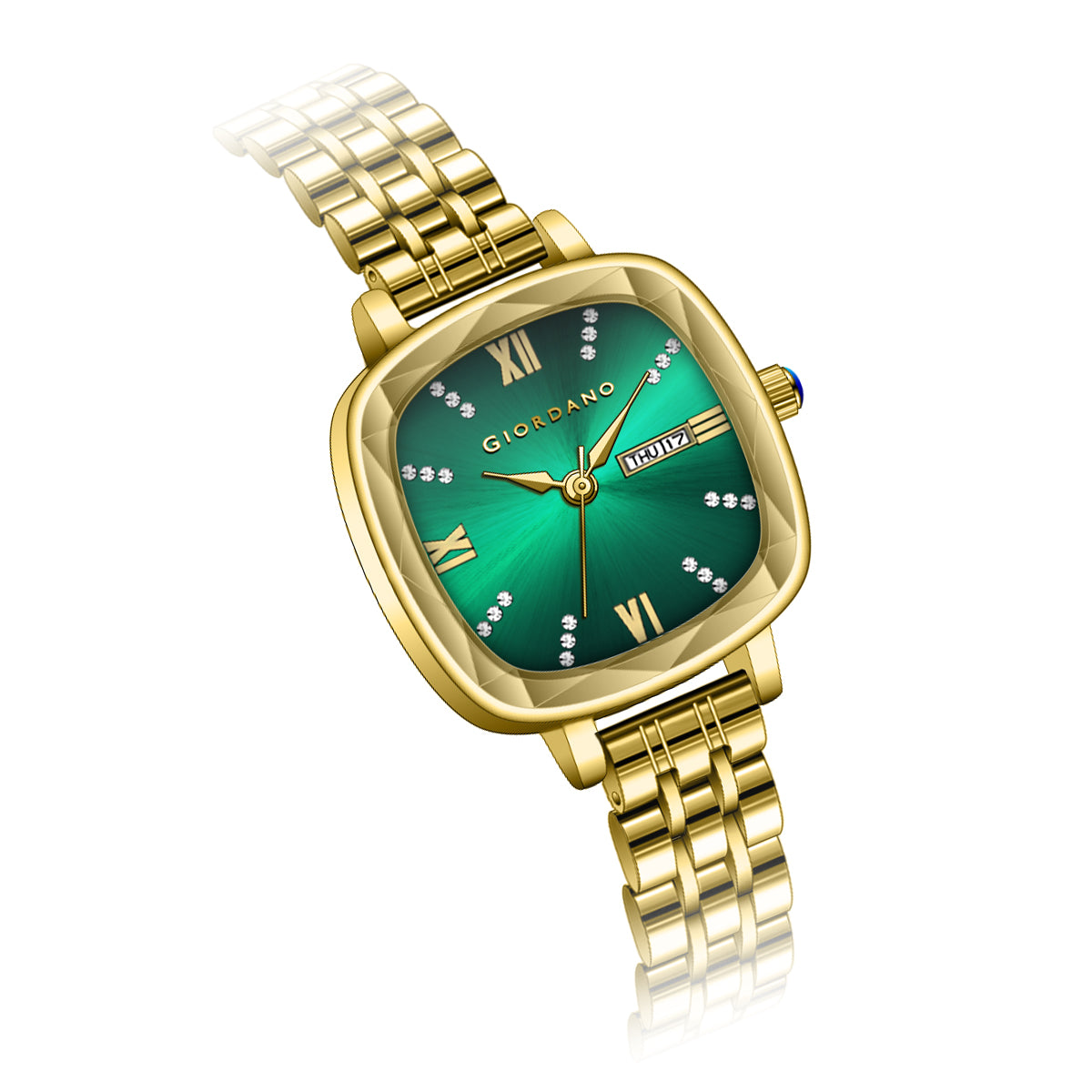 Giordano Elegant Square Watch for Women – Crystal & Roman Hour Markers, Day-Date Display, Stainless Steel Strap | GZ-60097-88