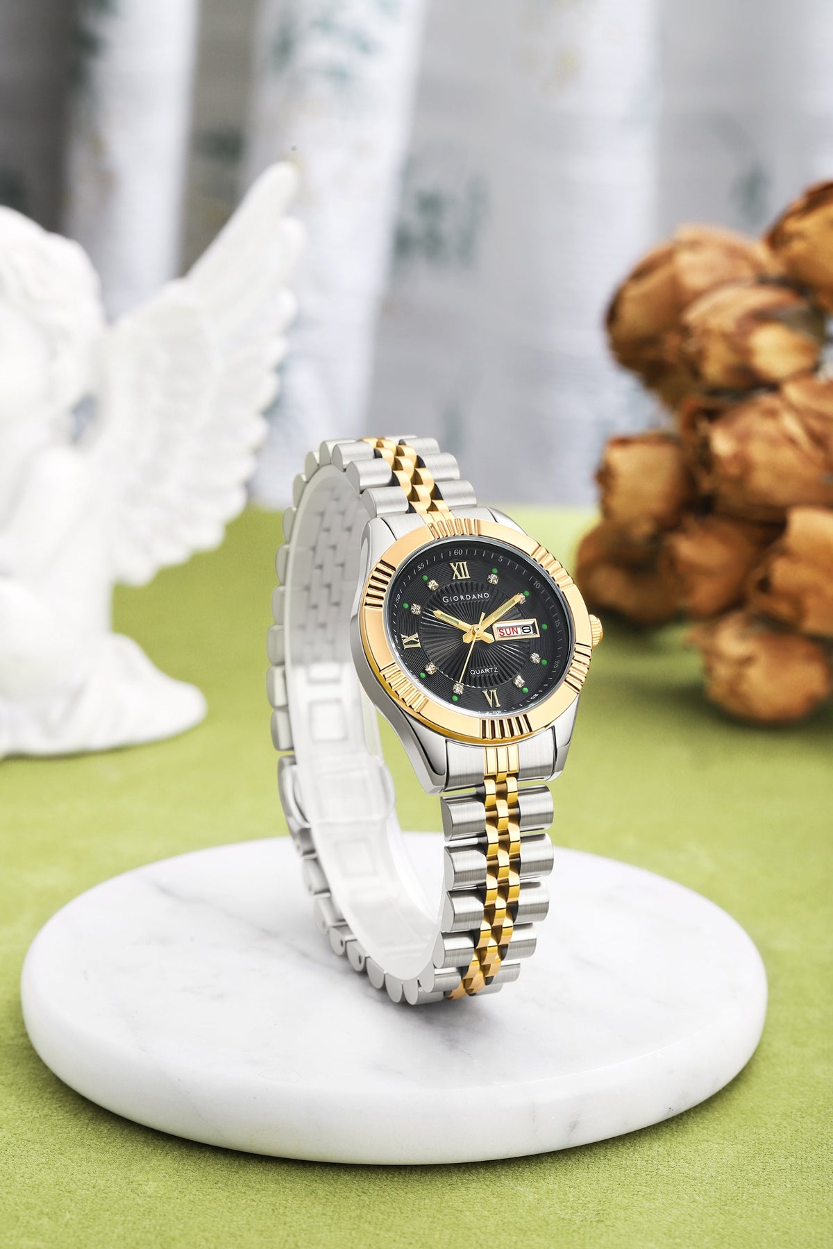 Giordano Analog Quartz Watch for Women with Day & Date Display, Textured Dial, Diamond Hour Markers, Roman Numerals Stainless Steel Strap - GZ-60172-11